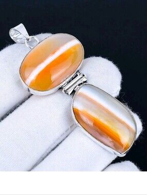 Orange Crazy Lace Agate Gemstone 925 Sterling Silver Handmade Pendant Necklace